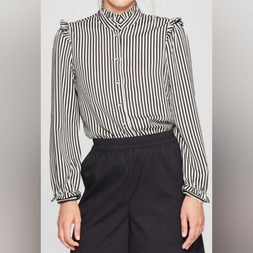Who What Wear Striped Ruffled Victorian Mock Neck Blouse Size S - Picture 15 of 16